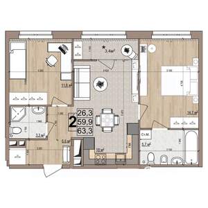2-к квартира, вторичка, 63м2, 15/18 этаж