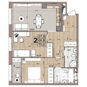 2-к квартира, строящийся дом, 70м2, 6/18 этаж