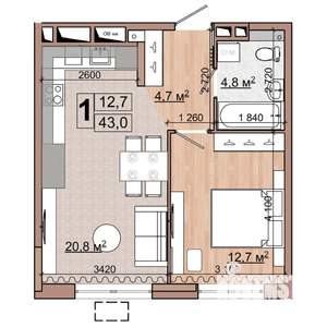 1-к квартира, строящийся дом, 43м2, 4/18 этаж