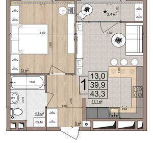 1-к квартира, вторичка, 43м2, 8/18 этаж