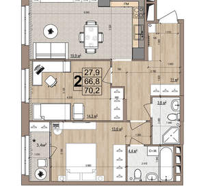 2-к квартира, вторичка, 70м2, 11/18 этаж