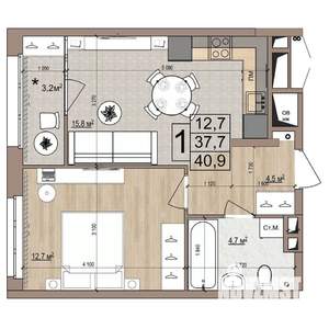 1-к квартира, вторичка, 41м2, 17/18 этаж