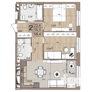 2-к квартира, строящийся дом, 58м2, 15/18 этаж