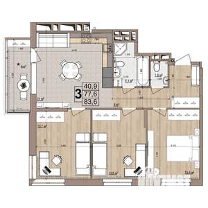 3-к квартира, строящийся дом, 84м2, 7/18 этаж
