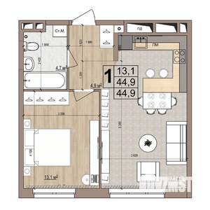 1-к квартира, строящийся дом, 45м2, 3/18 этаж