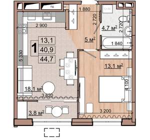 1-к квартира, вторичка, 45м2, 12/18 этаж