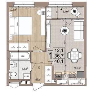 1-к квартира, вторичка, 40м2, 9/18 этаж