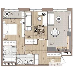 2-к квартира, вторичка, 68м2, 12/18 этаж