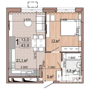 1-к квартира, строящийся дом, 44м2, 5/18 этаж