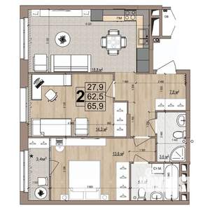 2-к квартира, вторичка, 66м2, 11/18 этаж
