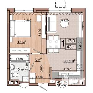 1-к квартира, строящийся дом, 43м2, 4/18 этаж