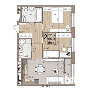 2-к квартира, строящийся дом, 58м2, 4/18 этаж