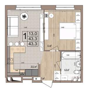 1-к квартира, вторичка, 43м2, 2/18 этаж