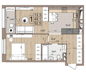 1-к квартира, вторичка, 53м2, 11/18 этаж