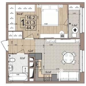 1-к квартира, строящийся дом, 45м2, 9/18 этаж