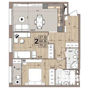 2-к квартира, вторичка, 70м2, 6/18 этаж