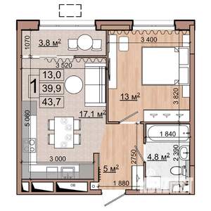 1-к квартира, строящийся дом, 44м2, 9/18 этаж