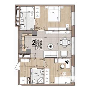 2-к квартира, строящийся дом, 64м2, 5/18 этаж
