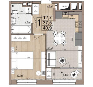 1-к квартира, вторичка, 41м2, 6/18 этаж
