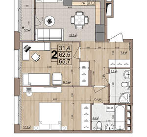 2-к квартира, вторичка, 66м2, 6/18 этаж