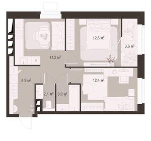 2-к квартира, вторичка, 54м2, 6/18 этаж