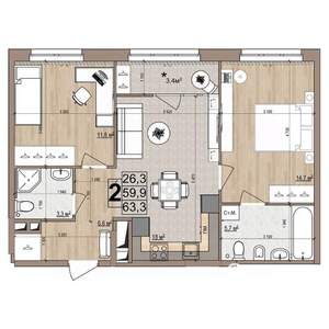 2-к квартира, вторичка, 63м2, 13/18 этаж