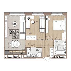 2-к квартира, строящийся дом, 60м2, 5/18 этаж
