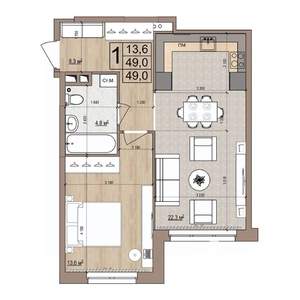 1-к квартира, строящийся дом, 49м2, 5/18 этаж
