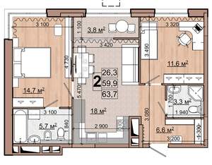 2-к квартира, вторичка, 64м2, 8/18 этаж