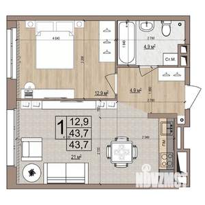 1-к квартира, строящийся дом, 44м2, 2/18 этаж