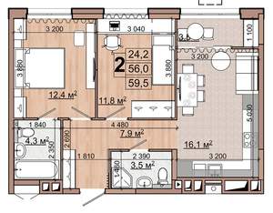 2-к квартира, вторичка, 60м2, 17/18 этаж