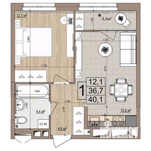 1-к квартира, вторичка, 40м2, 7/18 этаж