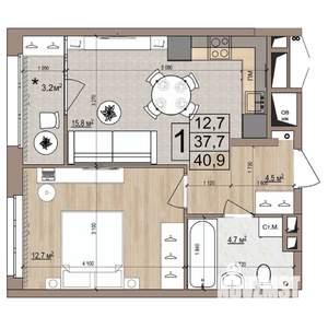 1-к квартира, вторичка, 41м2, 14/18 этаж