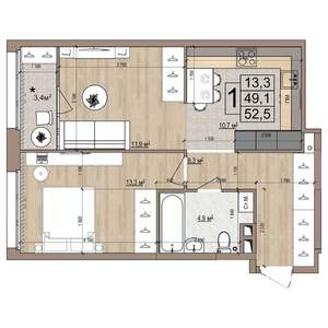 1-к квартира, строящийся дом, 53м2, 9/18 этаж