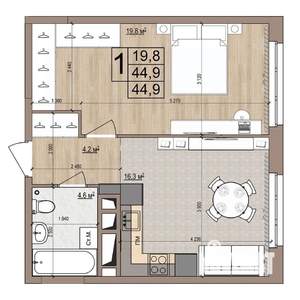 1-к квартира, строящийся дом, 45м2, 2/18 этаж