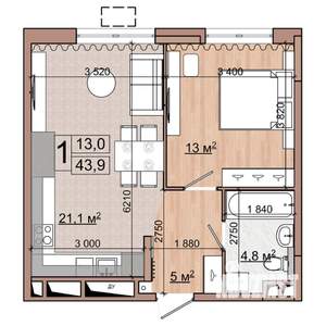 1-к квартира, строящийся дом, 44м2, 4/18 этаж