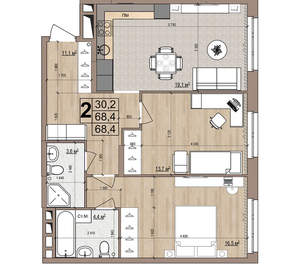 2-к квартира, вторичка, 68м2, 4/18 этаж