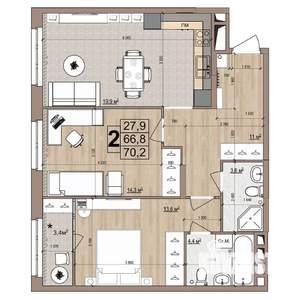 2-к квартира, строящийся дом, 70м2, 13/18 этаж