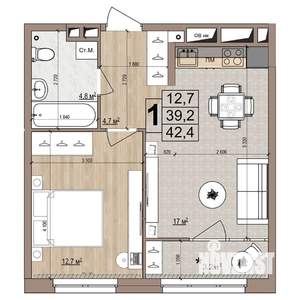 1-к квартира, вторичка, 42м2, 12/18 этаж