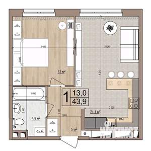 1-к квартира, строящийся дом, 44м2, 2/18 этаж