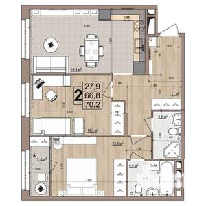 2-к квартира, строящийся дом, 70м2, 14/18 этаж