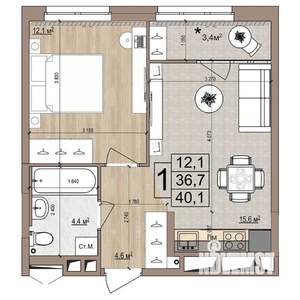 1-к квартира, вторичка, 40м2, 17/18 этаж