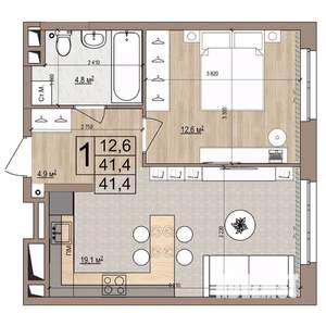 1-к квартира, строящийся дом, 41м2, 3/18 этаж