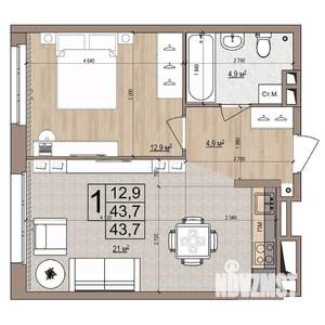 1-к квартира, строящийся дом, 44м2, 4/18 этаж