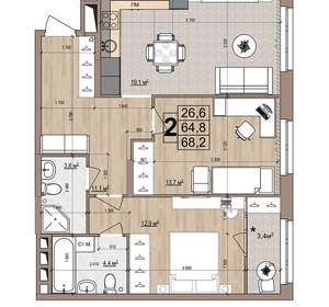 2-к квартира, вторичка, 68м2, 9/18 этаж