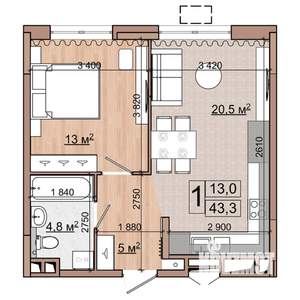 1-к квартира, строящийся дом, 43м2, 2/18 этаж